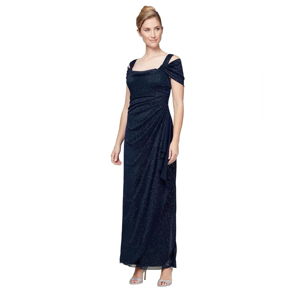 Alex Evenings Blue Gown with Square Neck and Puff Sleeves